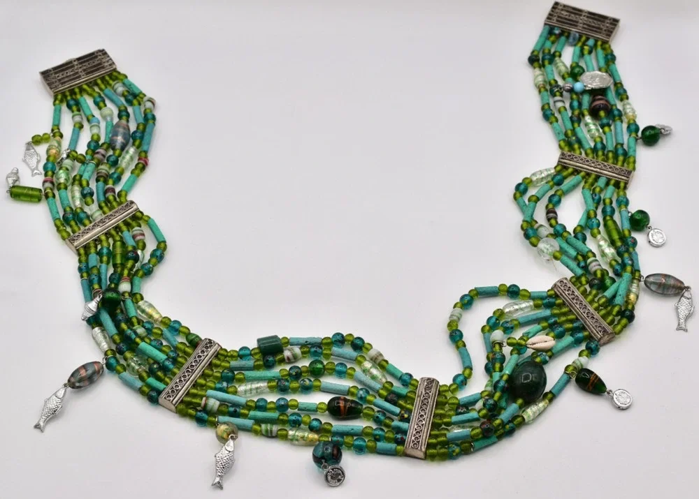 Vintage Multi-Strand Turquoise Blue Green Glass Beaded Charm Belt 37” Boho Art
